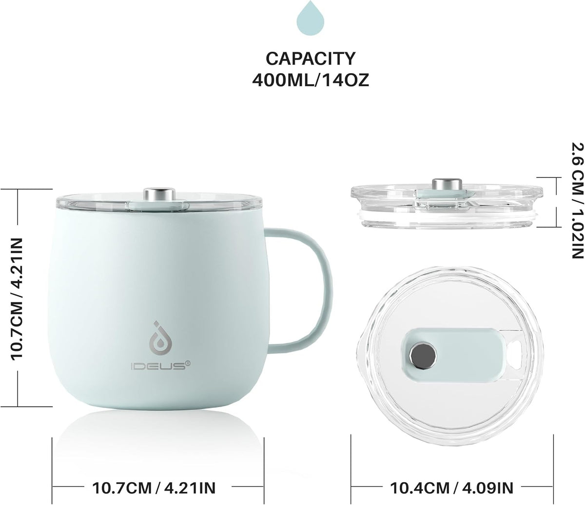 IDEUS 14oz Insulated Coffee Mug with Lid and Handle - Light Blue