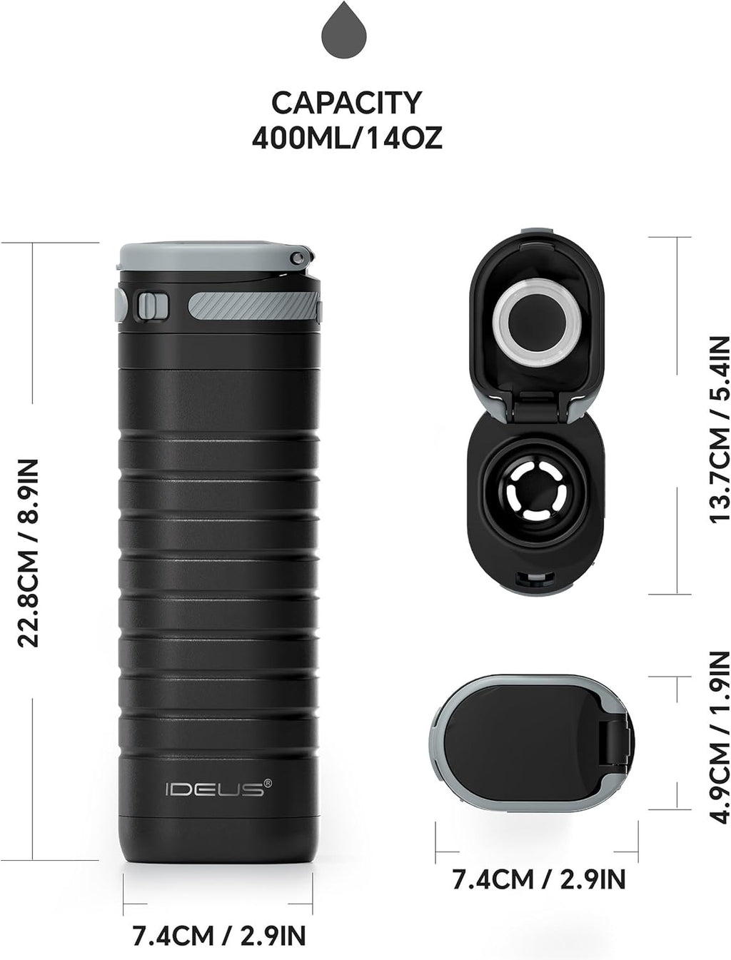 IDEUS 14oz Flat Insulated Water Bottle